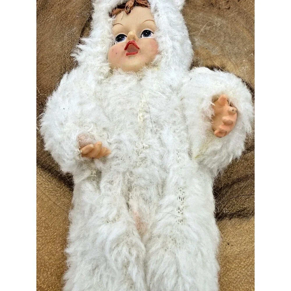 2 Vintage Miniature Porcelain Doll  in Fuzzy Fabric Bunny Costume 4